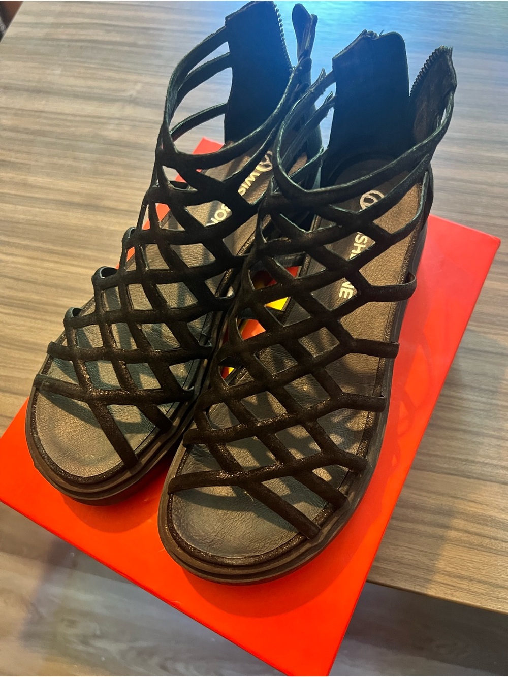 WISHBONE- Women’s Black Strappy Cage Sandals - Comfort Wedge